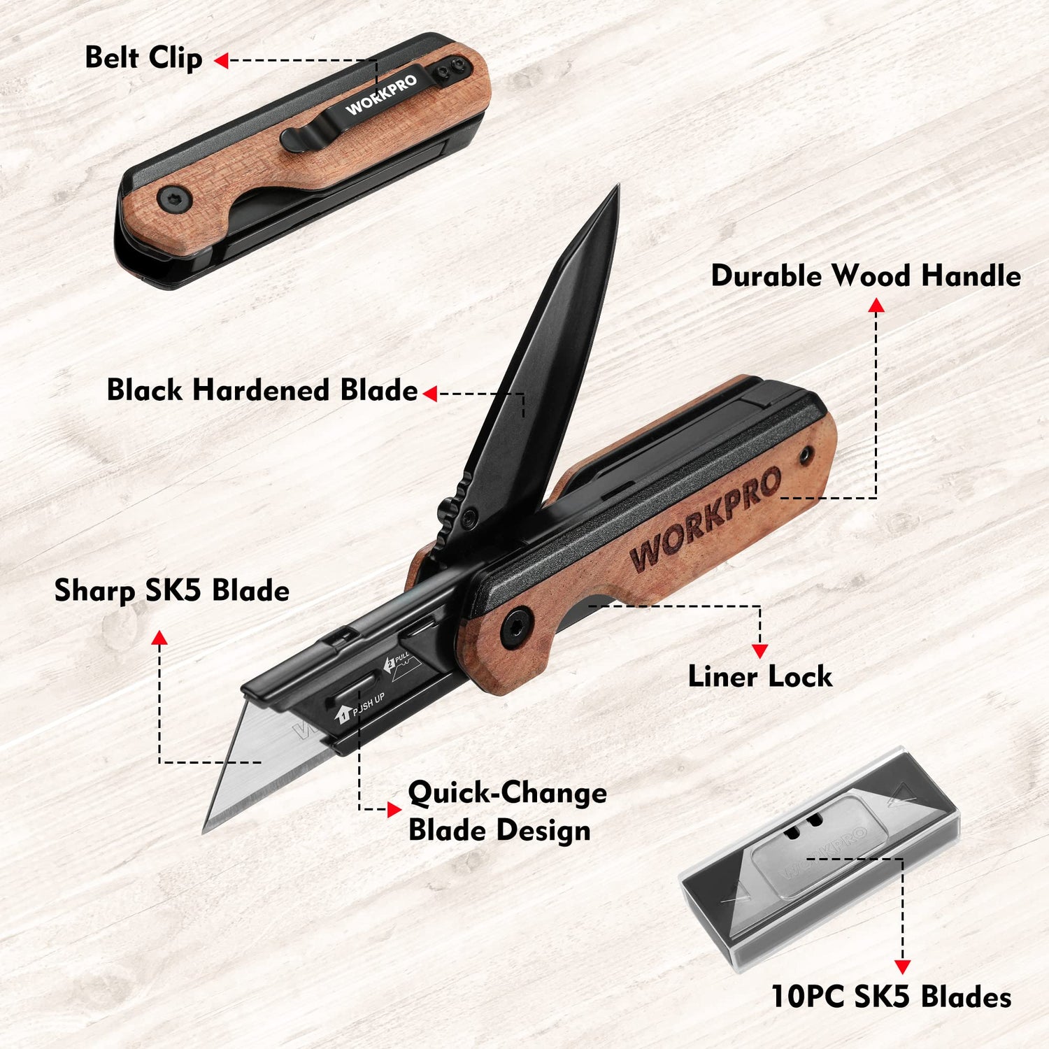 WORKPRO 2-in-1 Folding Knife/Utility Knife, Quick-Change Box Cutter with Belt Clip and Liner Lock, Extra 10 SK5 Blades Included WORKPRO