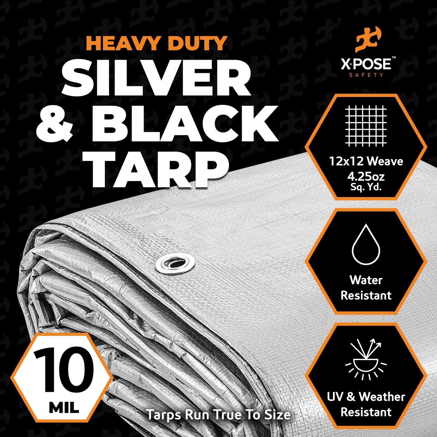 Heavy Duty Poly Tarp - 12' x 20' - 10 Mil Thick Waterproof, UV Blocking Protective Cover - Reversible Silver and Black - Laminated Coating - Grommets Xpose Safety