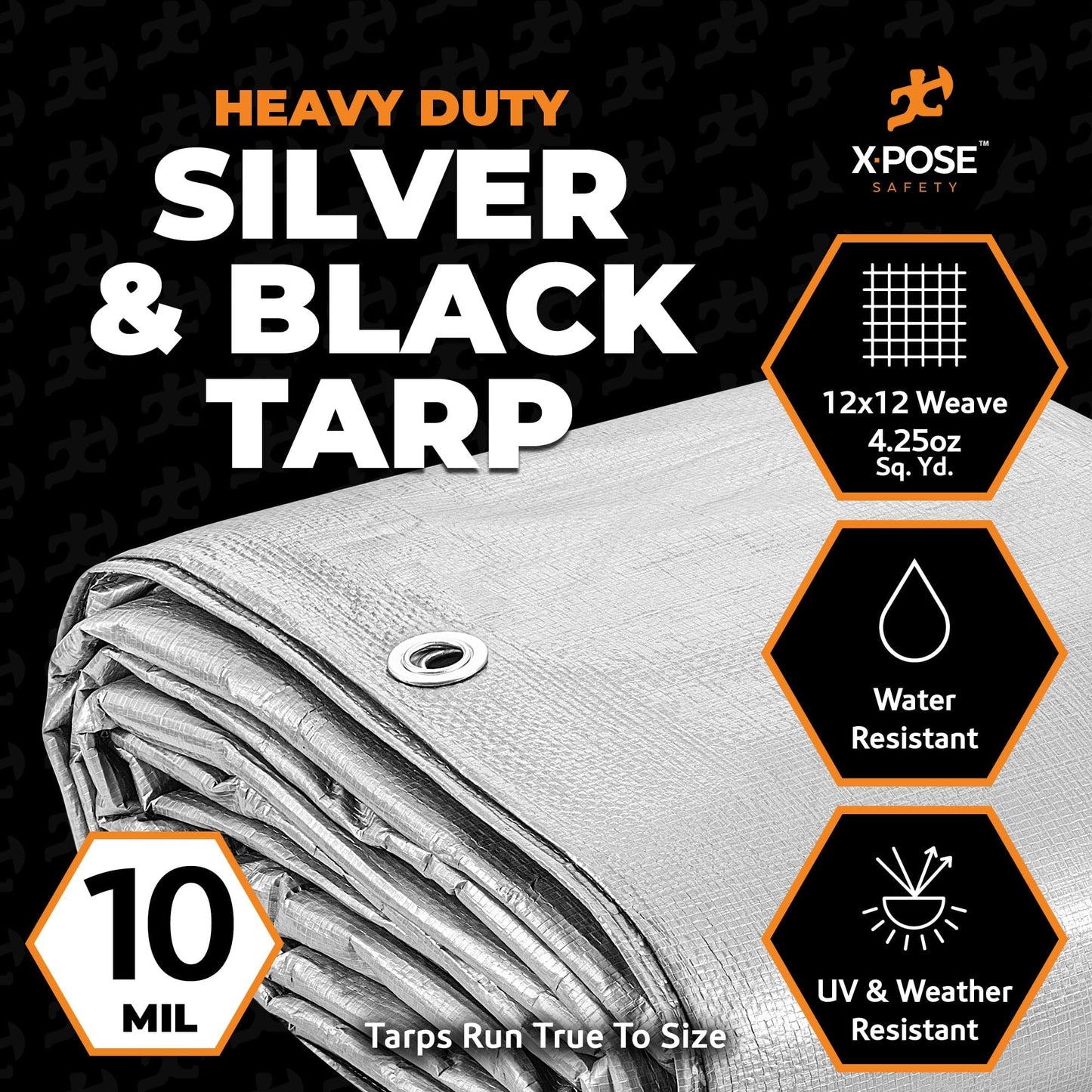 Heavy Duty Poly Tarp - 12' x 20' - 10 Mil Thick Waterproof, UV Blocking Protective Cover - Reversible Silver and Black - Laminated Coating - Grommets