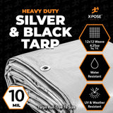Heavy Duty Poly Tarp - 12' x 20' - 10 Mil Thick Waterproof, UV Blocking Protective Cover - Reversible Silver and Black - Laminated Coating - Grommets Xpose Safety