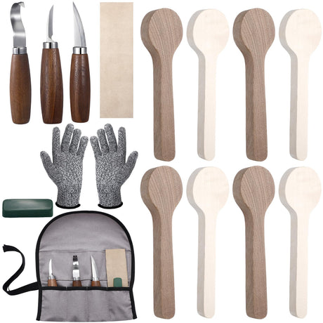 Gisafai 15 Pcs Spoon Carving Kit Wood Whittling Kit Includes 3 Wood Carving Knife 8 Wooden Spoon Blank and Gloves, Unfinished Wood Carving Spoon Kit Gisafai