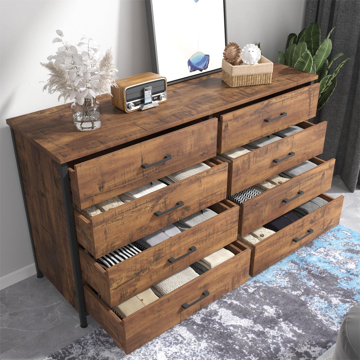 IKENO 8 Drawer Double Dresser, 55 inch Industrial Wood Storage Dressers & Chests of Drawers with Sturdy Steel Frame, Wood Rustic Large Storage - WoodArtSupply