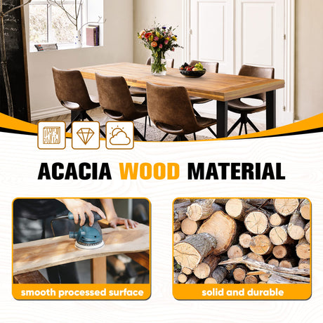 Flamaker Dining Table for 6 Acacia Wood Indoor Outdoor Home Kitchen Table with Iron Legs Large Rectangular Patio Table for Deck, Sunroom Flamaker