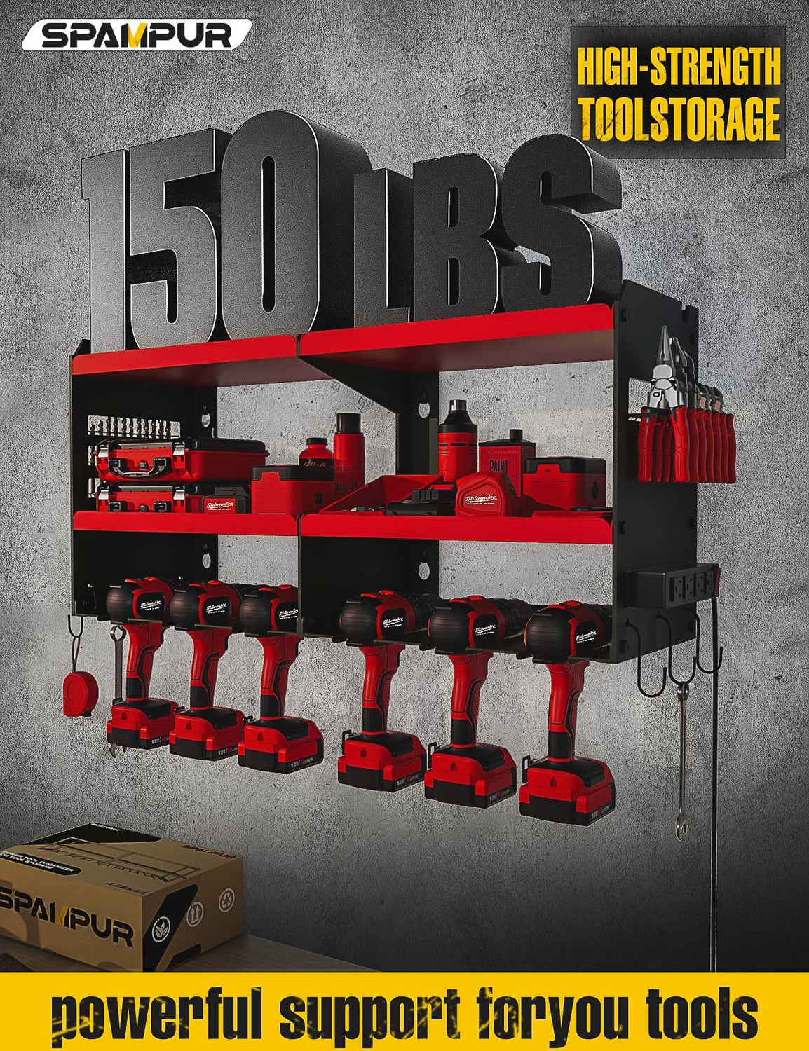 Spampur Power Tool Organizer with Charging Station, 6 Drill Holders Wall Mount, Heavy Duty Metal Premium Garage Tool Shelf, Gift for Man Cordless Spampur