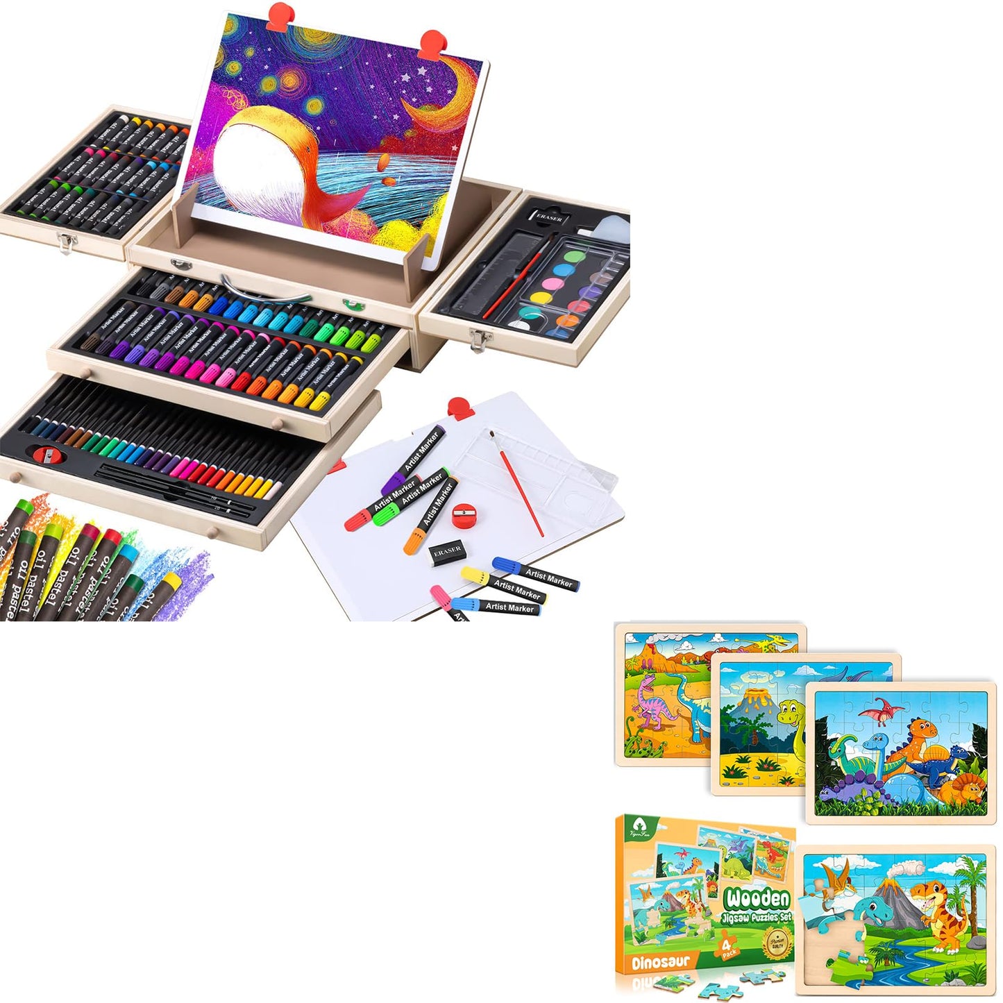 137 Piece Art Set & 4 Pack Wooden Dinosaur Puzzles for Kids - WoodArtSupply