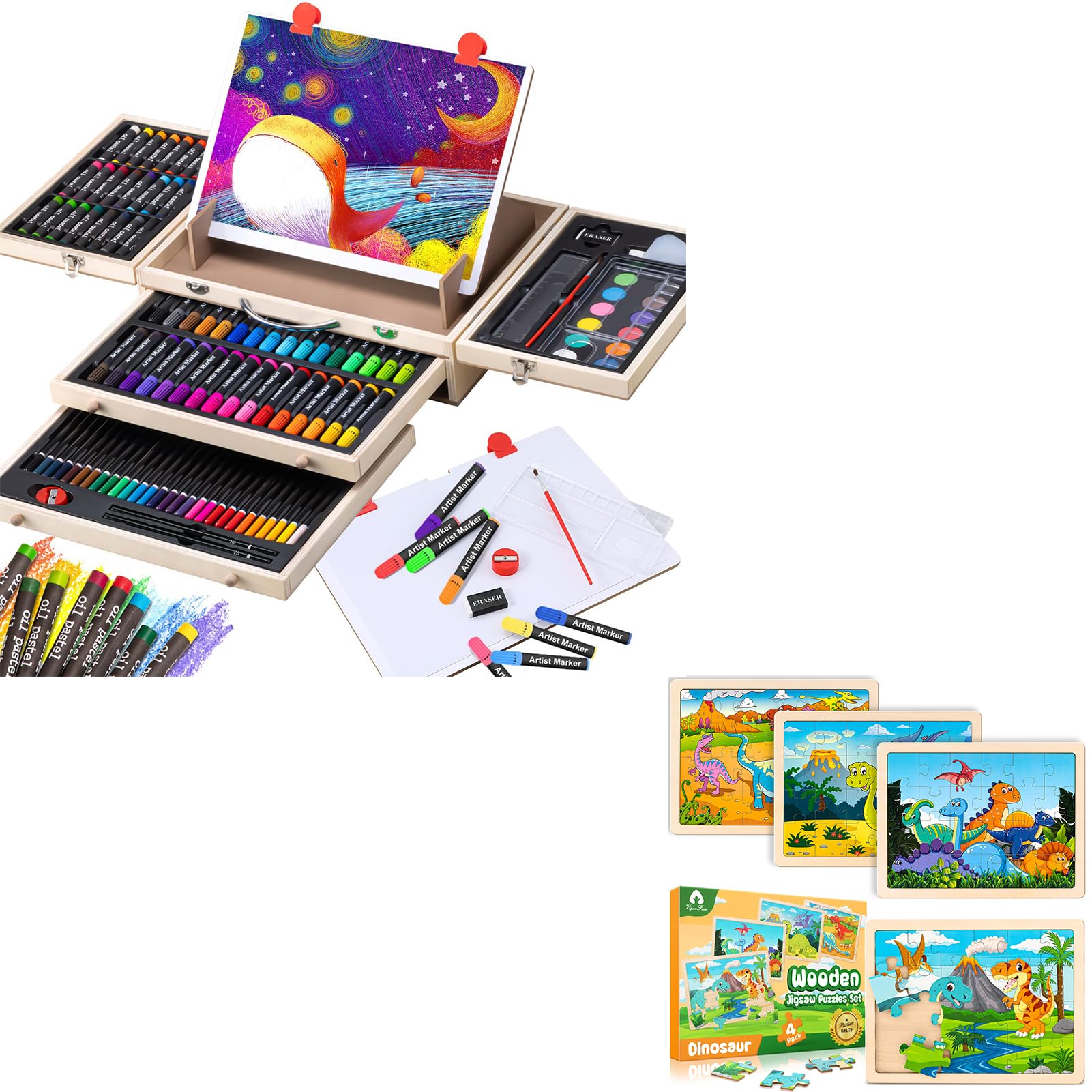 137 Piece Art Set & 4 Pack Wooden Dinosaur Puzzles for Kids - WoodArtSupply