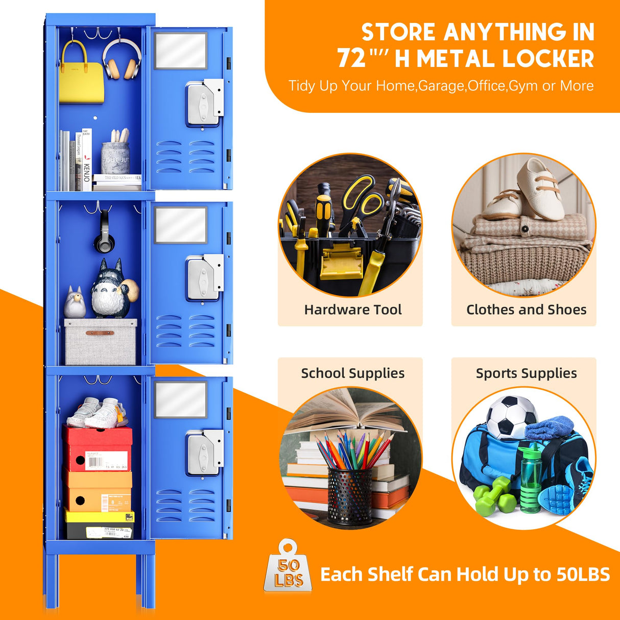 INTERGREAT Storage Locker for Employee,Office,Metal Gym Locker with 3 Door,Steel Blue Locker Cabinet Organization for School, Free Standing INTERGREAT