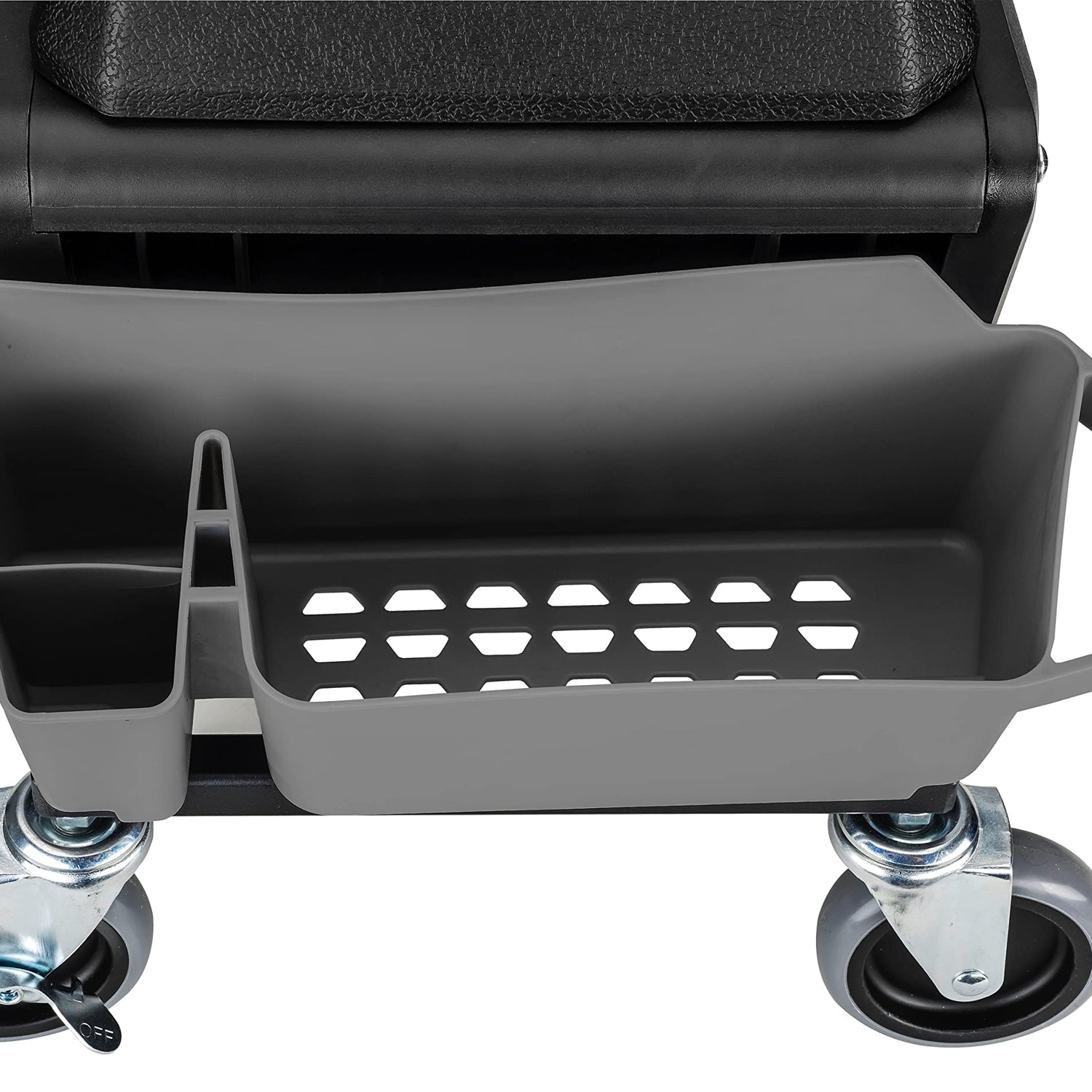 Powerbuilt Rolling Work Seat Brake Stool with 4-inch Rubber Lockable Wheels, Big Seating Platform, Tool Trays and Drawer 330 lb. Capacity, Mechanics, Powerbuilt