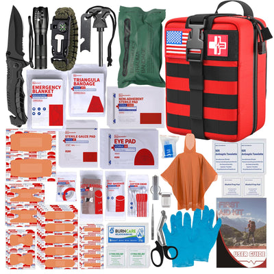 [2024 Upgrade] First Aid Kit,Survival Gear Outdoor Tactical Gear Set Military Grade Molle System for Camper Travel Hunting Hiking and Adventures（RED）
