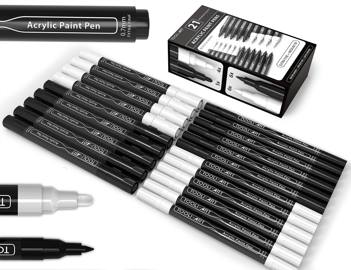 TOOLI-ART Black And White Acrylic Paint Markers Paint Pens Set For Rock Painting, Canvas, Mugs, Metal, Glass Paint, Fabric, Wood, DIY. Non Toxic, TOOLI-ART