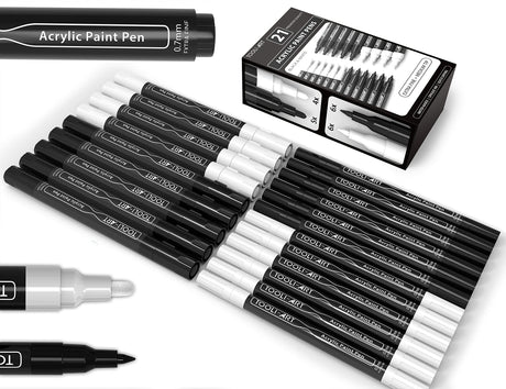 TOOLI-ART Black And White Acrylic Paint Markers Paint Pens Set For Rock Painting, Canvas, Mugs, Metal, Glass Paint, Fabric, Wood, DIY. Non Toxic, TOOLI-ART