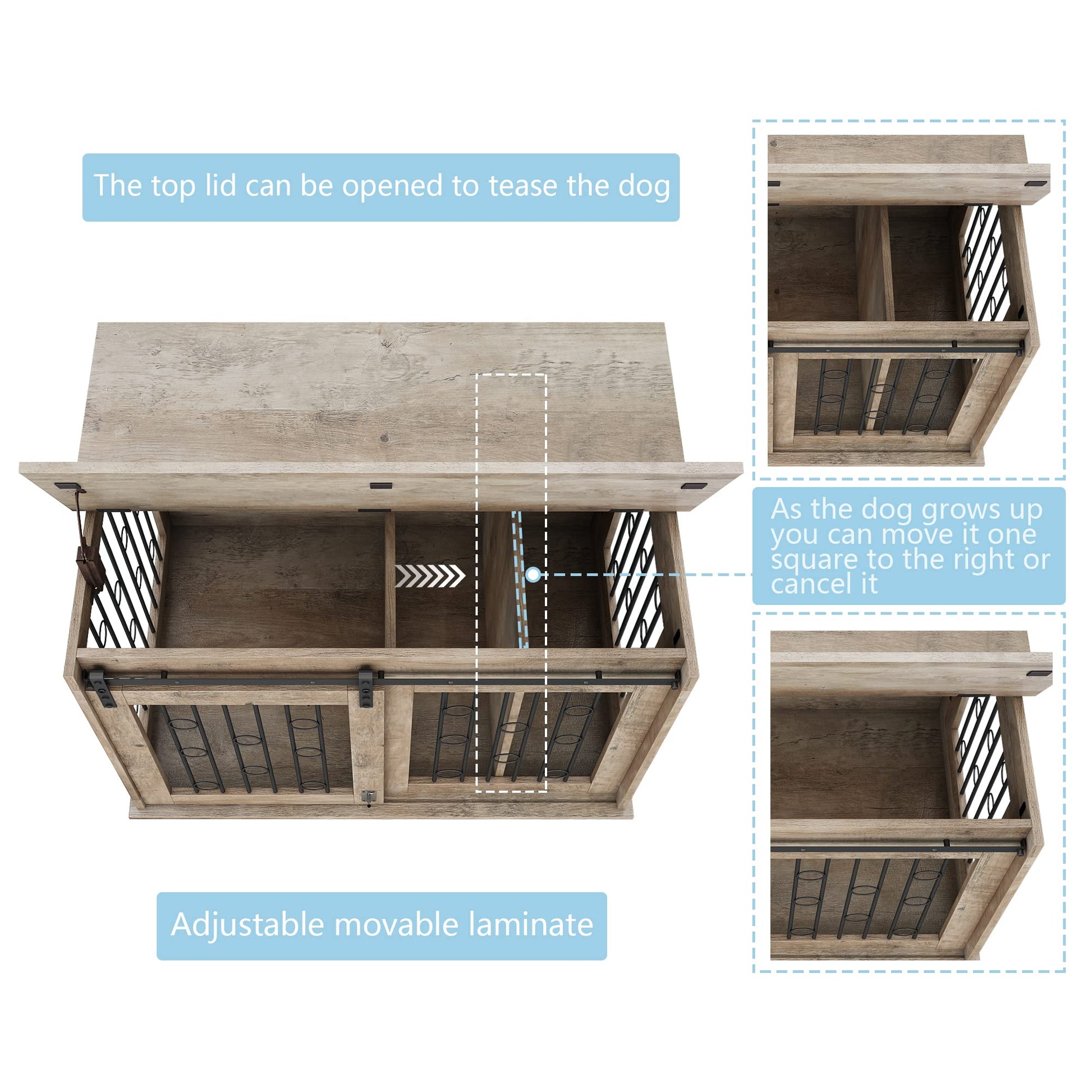 Rophefx Dog Crate Furniture with Divider for 2 Puppies, Dog Kennel Indoor with Sliding Door, Puppy Dog Cage with Flip-up Top and Wheels, Indoor - WoodArtSupply