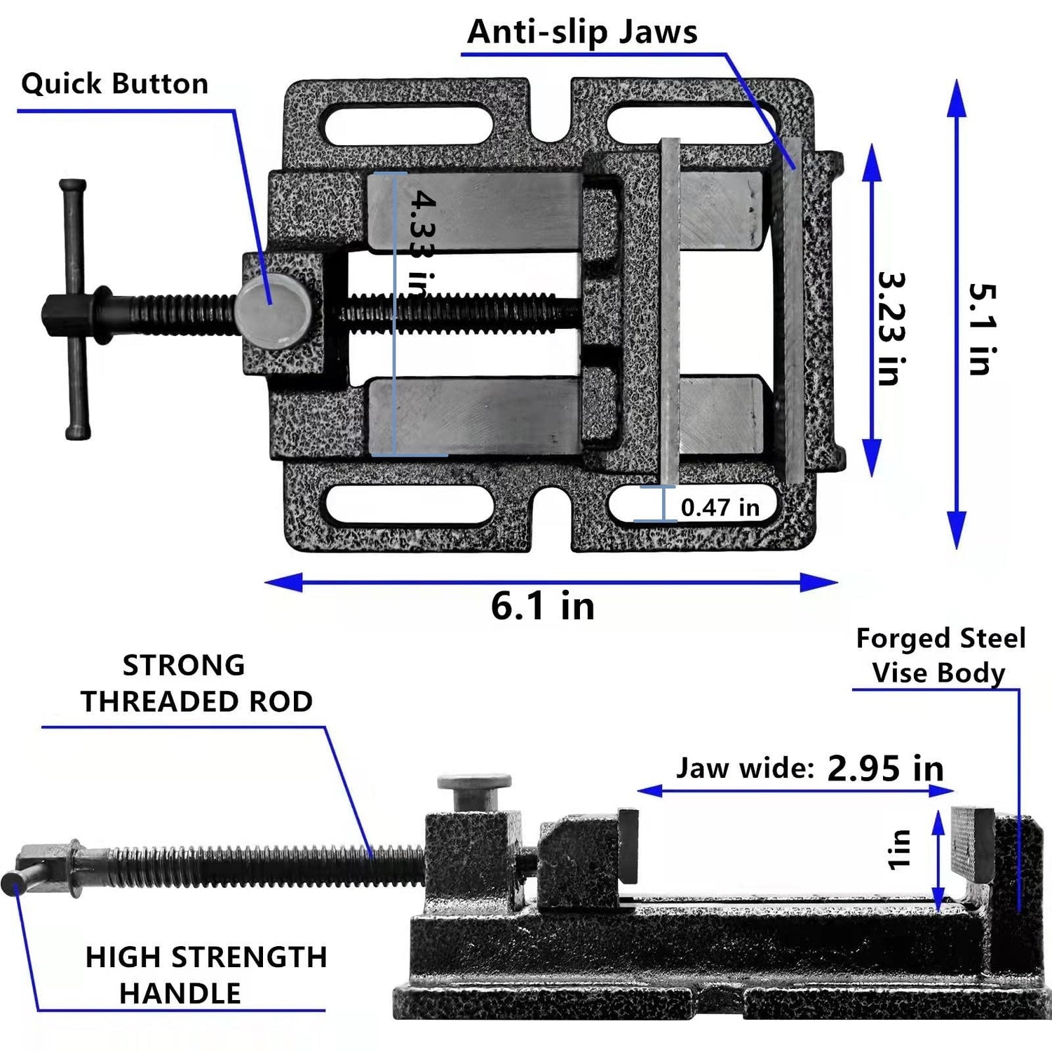Drill Press Vise, 3'' Jaw Capacity, Quick Release Clamp-on Vise Ultimate Durability, Slotted Base Drill Press Vice for Woodwork, Low Profile Drill TRUSBEE