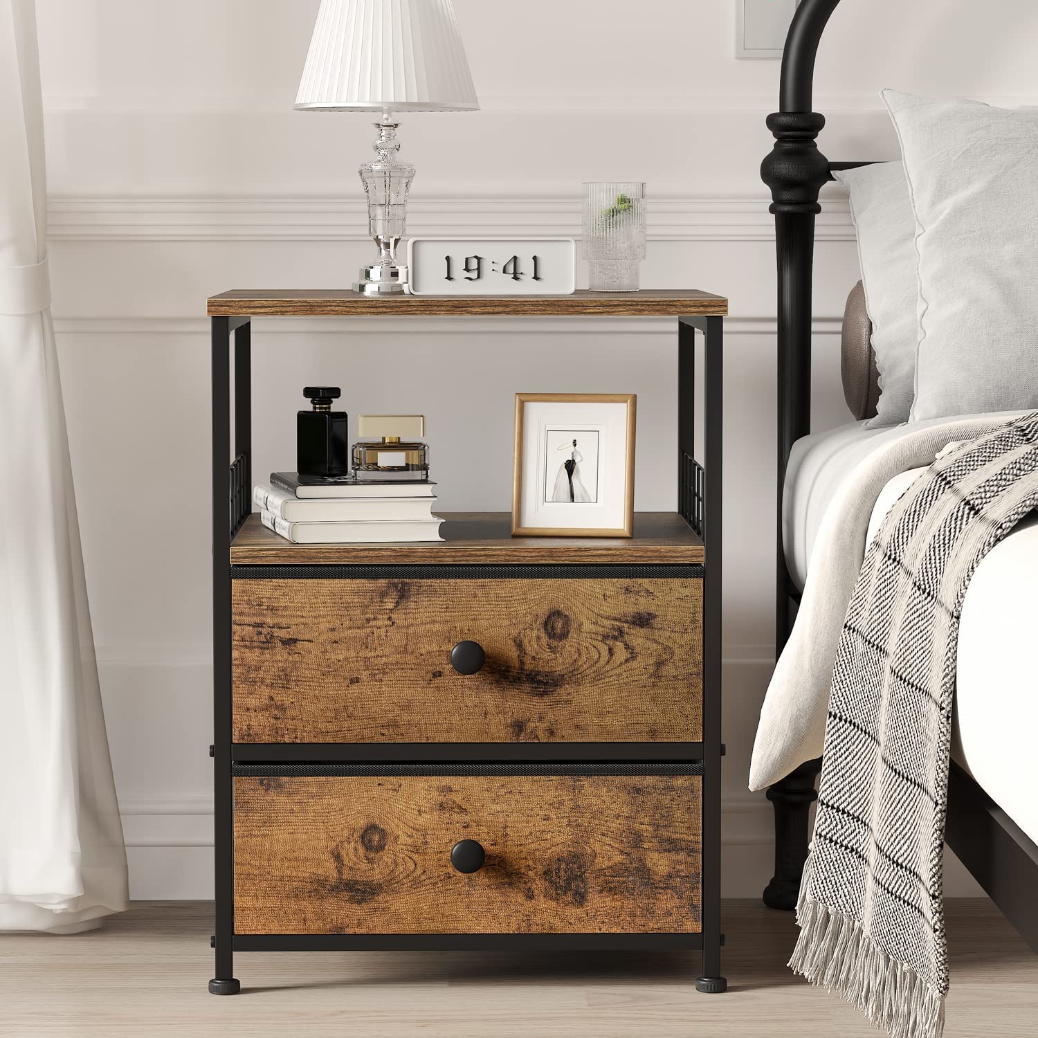 EnHomee Nightstand Set of 2, Bedside Table with Fabric Drawers and Open Wood Shelf Storage, Industrial Bed Side Table, Night Stand for Bedroom, EnHomee