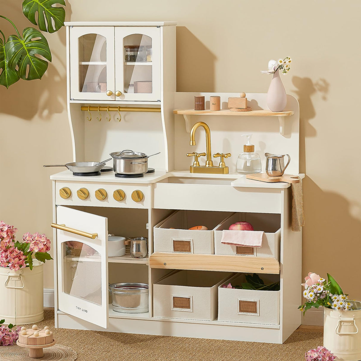 Tiny Land Play Kitchen for Kids, Wooden Play Kitchen with Toy Storage System, Toy Kitchen Set with Plenty of Play Features, Kids Play Kitchen Tiny Land