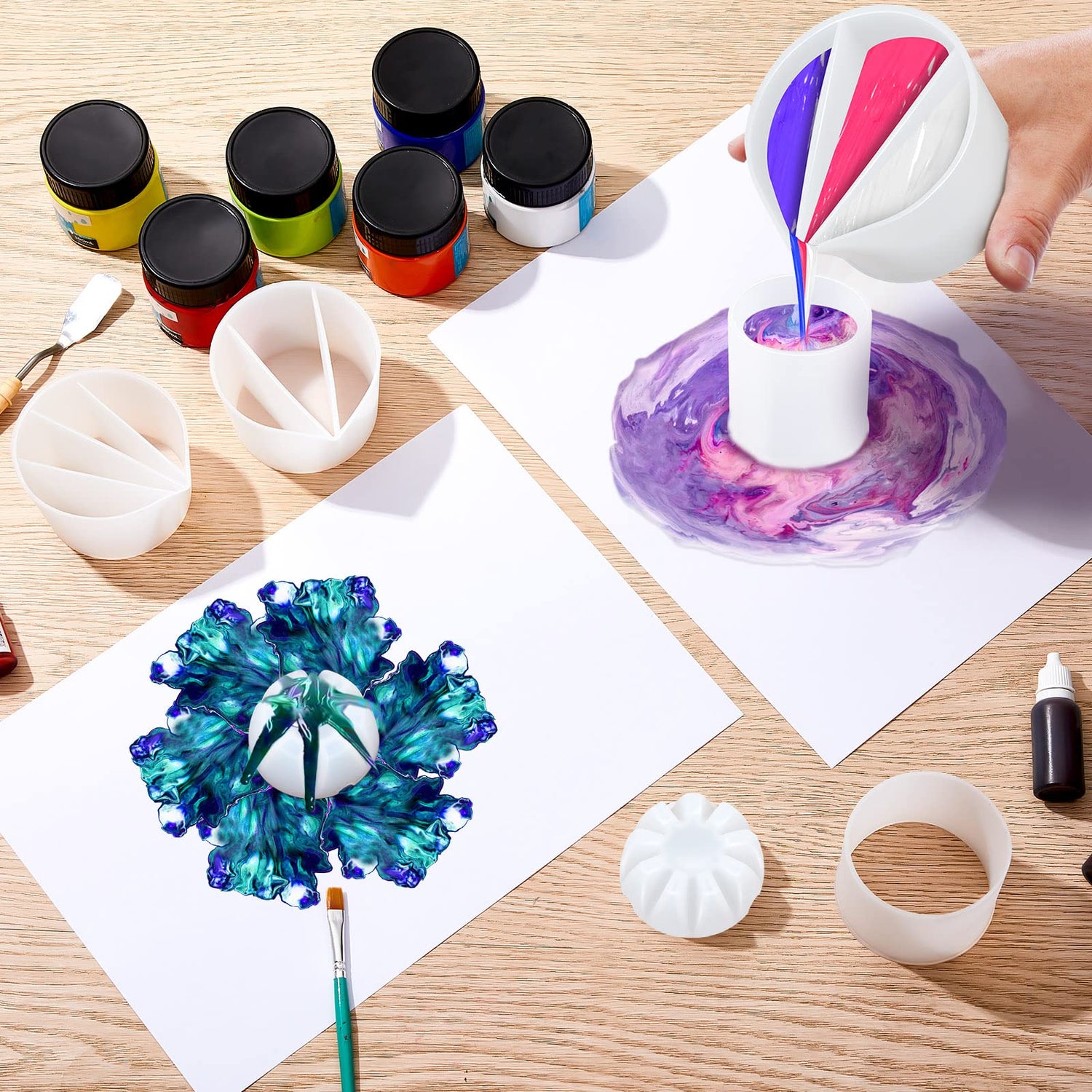 7 Pcs Paint Pour Cup Bundle 3 Pcs Acrylic Paint Pouring Cup Multi Channel Split Cup for Paint Pouring 2 Pcs Large Open Cup 2pcs Flower Pour Cup for Baderke