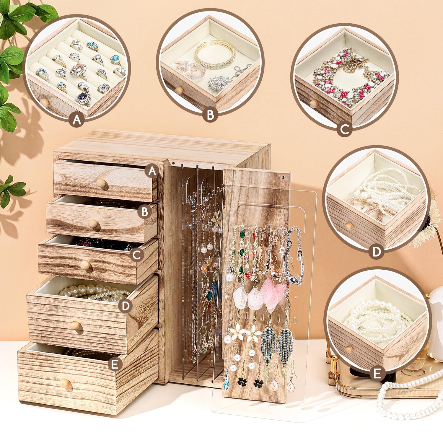 Homde Wood Jewelry Organizer 5 Layer Jewelry Box for Rings, Necklaces, Earrings, Bracelets, Watches Rustic Jewelry Boxes & Organizers for Women Homde