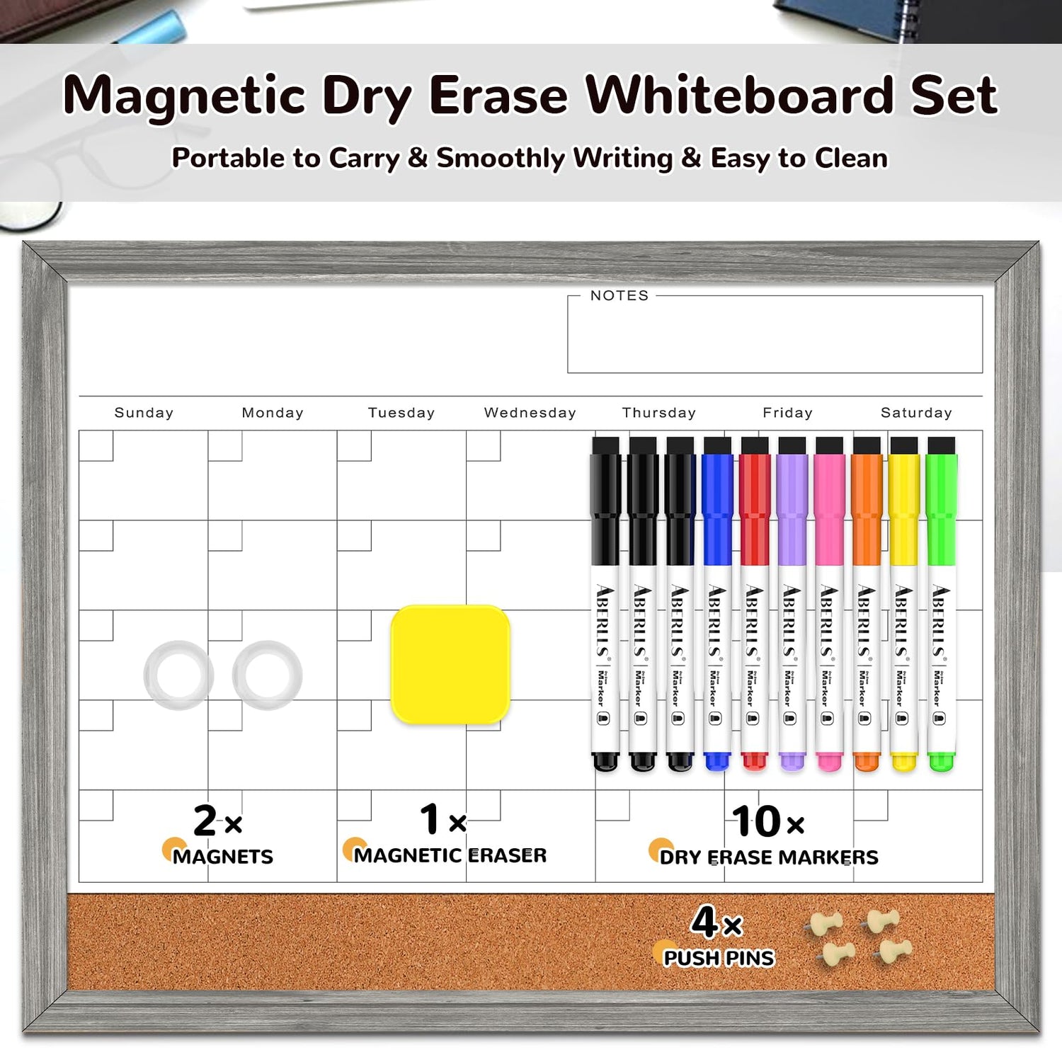 Monthly Whiteboard Calendar & Corkboard for Wall, Magnetic 17"x13" Dry Erase Board with Gray Wood Framed, 2in1 White Board Cork Board Combo, Calendar ABERLLS