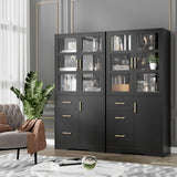 HIFIT Tall Storage Cabinet with 2 Glass Display Door & Shelves & 3 Drawer, 67"H Tall Kitchen Pantry Cabinet with Gold Handles, Modern Linen Cabinet HIFIT
