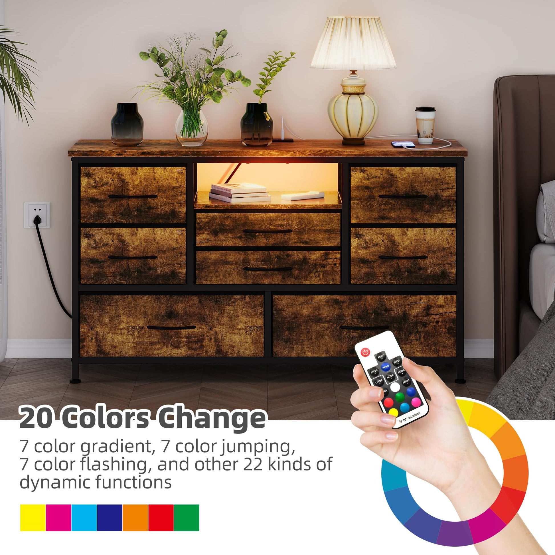 Jojoka 8 Dresser TV Stand with Power Outlet & LED for 55'' TV, Long Dresser for Bedroom with 8 Deep Drawers, Wide Console Table for Storage in - WoodArtSupply