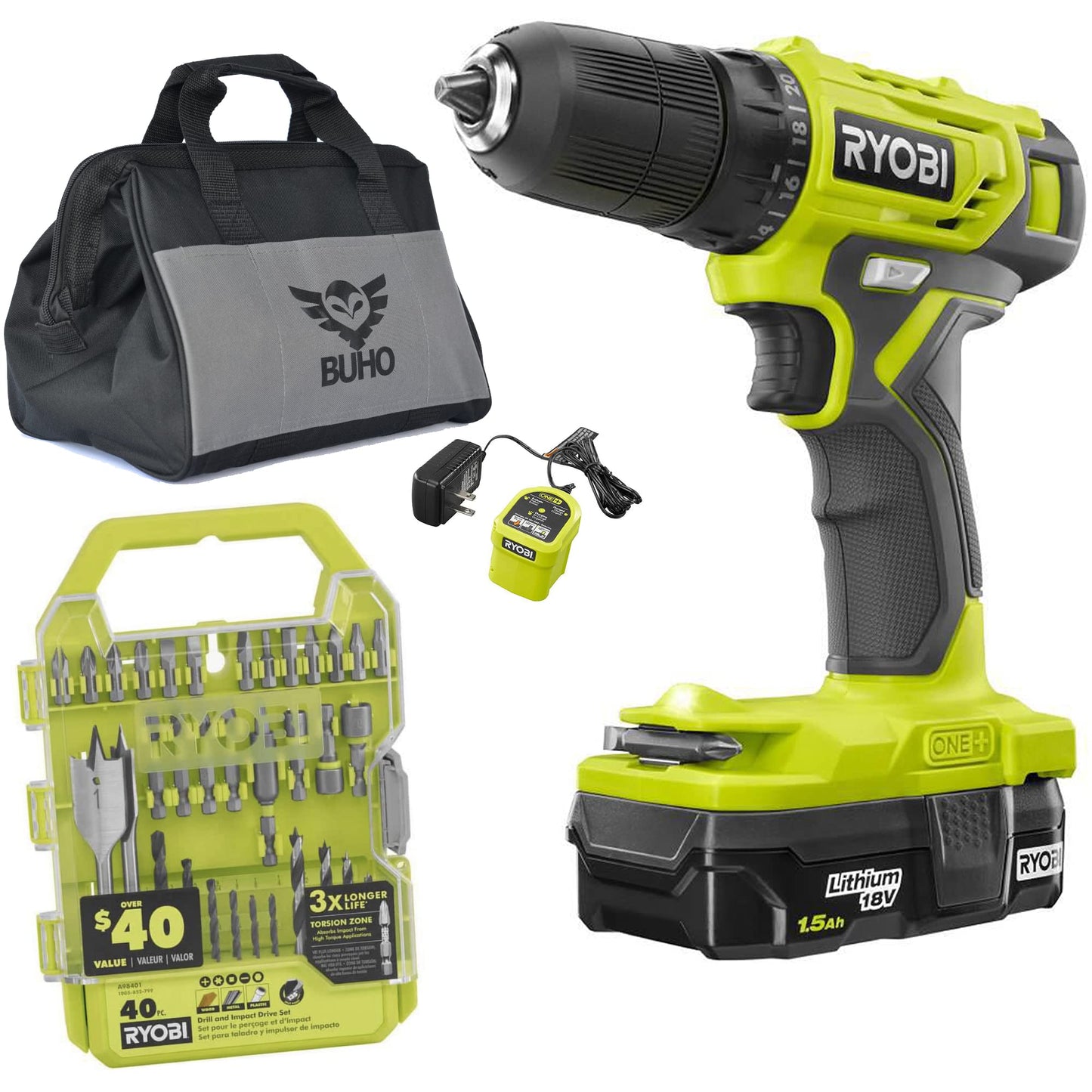 Drill Set Bundle with Ryobi 18V Cordless Drill, 1.5 Ah Lithium-ion Battery, 18-Volt Battery Charger, 40 Piece Multipurpose Drill Bits, and Buho 16