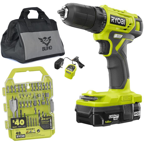 Drill Set Bundle with Ryobi 18V Cordless Drill, 1.5 Ah Lithium-ion Battery, 18-Volt Battery Charger, 40 Piece Multipurpose Drill Bits, and Buho 16 Ryobi