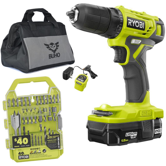 Drill Set Bundle with Ryobi 18V Cordless Drill, 1.5 Ah Lithium-ion Battery, 18-Volt Battery Charger, 40 Piece Multipurpose Drill Bits, and Buho 16 - WoodArtSupply