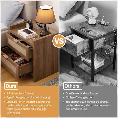 SICOTAS Night Stand Set of 2 - Rattan Nightstands with Type-C Charging Station & 2 Rattan Drawers - Boho Bed Side End Table for Small Space - Natural SICOTAS