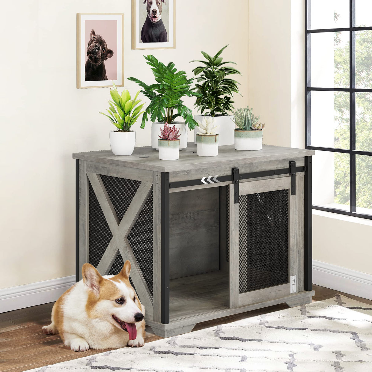 IDEALHOUSE 37'' Dog Crate Furniture Side End Table with Flip Top and Movable Divider, Wooden Dog Crate Table Large, Style Dog Kennel Side End Table IDEALHOUSE
