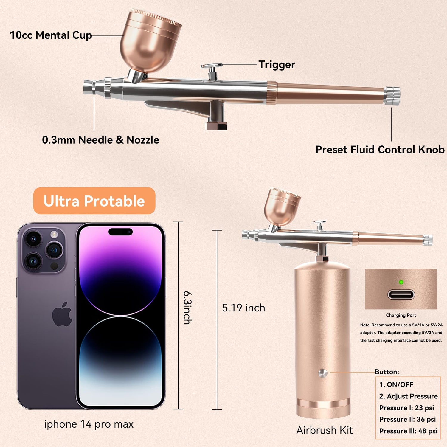 Airbrush Kit With Compressor - 48PSI Rechargeable Cordless Non-Clogging High-Pressure Air Brush Set with 0.3mm Nozzle and Cleaning Brush Set for Nail GEDSTMDRK