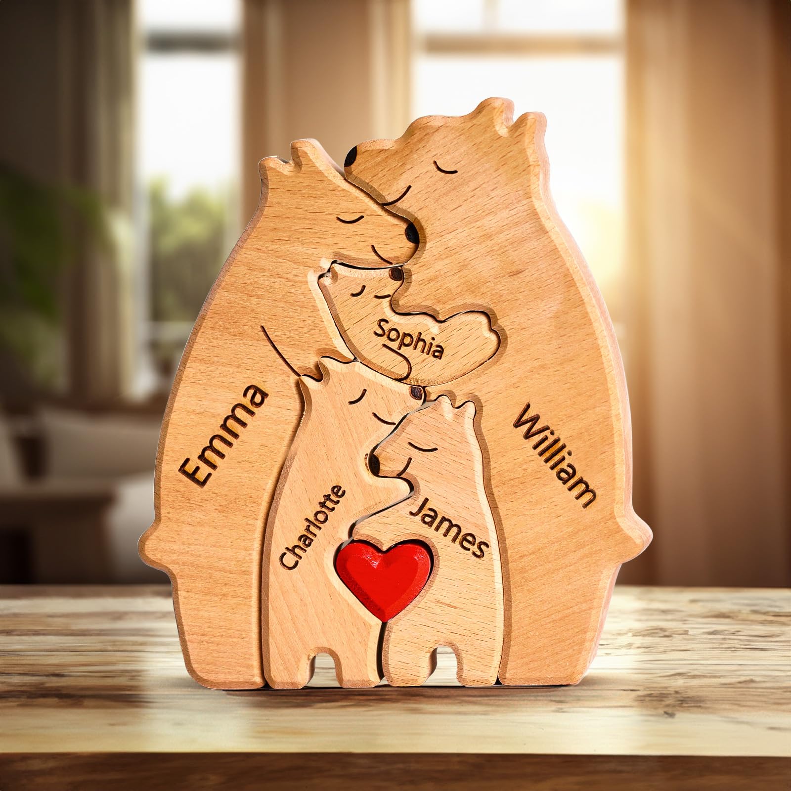 Personalized Wood Bear Puzzle with 1-8 Family Names, Custom Wooden Art Puzzle Gifts, Custom Family Name Sculpture, Home Decoration Christmas, - WoodArtSupply