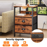 Furologee Nightstand Set of 2, Rustic Brown, with Charging Station and USB Ports, Side Tables with 2 Fabric Drawers, Bedside Tables with Storage Furologee