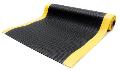 Bertech Anti-Fatigue Floor Mat, 3 Feet x 6 Feet x 3/8 Inch Thick, Ribbed Pattern Top, Black with Yellow Border, Made in USA