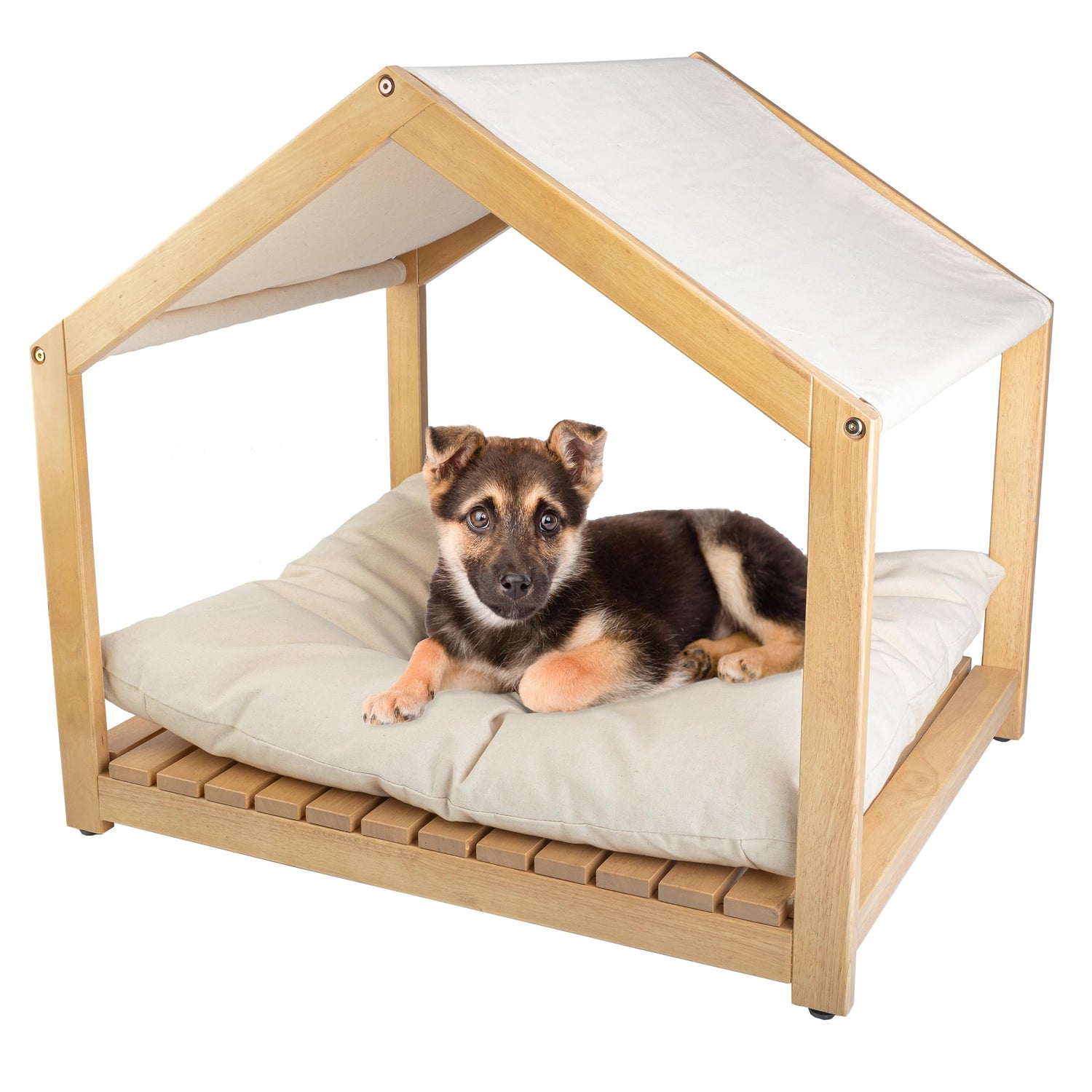Dog House - 30x24-Inch Indoor Dog House with Soft Cushion and Adjustable Canopy - Wood Dog Furniture for Small to Medium Pets up to 70lbs by PETMAKER PETMAKER