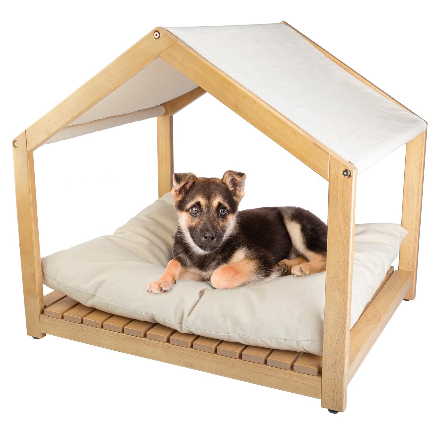 Dog House - 30x24-Inch Indoor Dog House with Soft Cushion and Adjustable Canopy - Wood Dog Furniture for Small to Medium Pets up to 70lbs by PETMAKER - WoodArtSupply