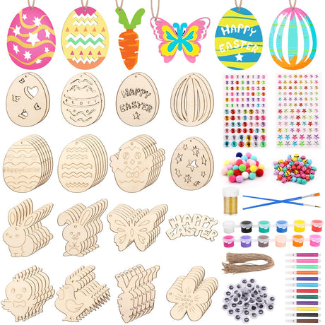 Sublaga 301 PCS Easter Wooden Hanging Ornaments Unfinished Wood Slices Eggs Easter Crafts for Kids DIY Easter Decorations Party Supplies Decor (301) Sublaga