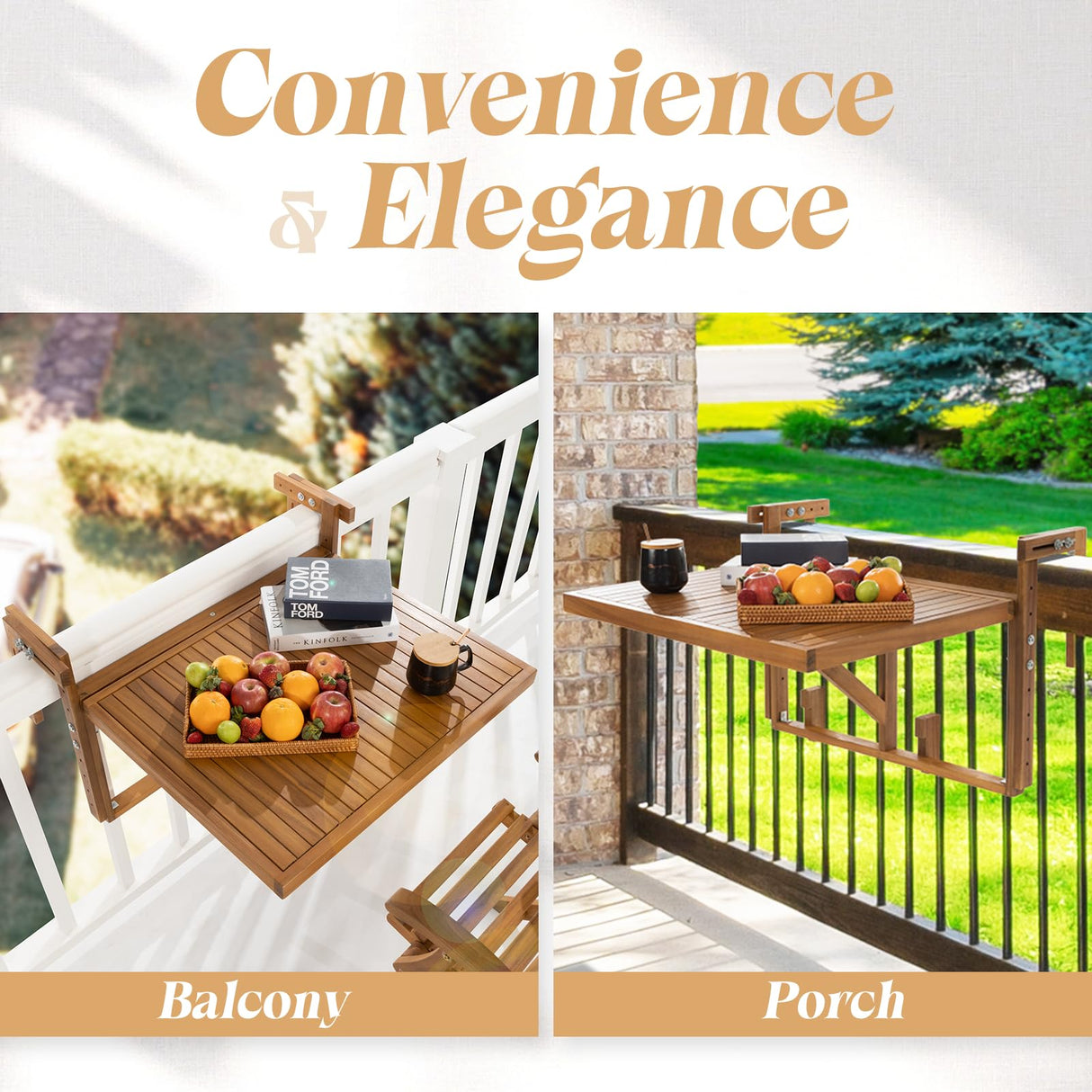 Idzo FSC Acacia Wood Folding Balcony Bar Table for Railings, Adjustable Height & Width, Teak Brush Finish Durable Against Weather, Ideal Spacious IDZO