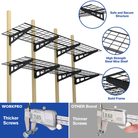 WORKPRO 2-Pack 2x6FT Garage Wall Shelving, 72” x 24” Heavy Duty Wall Mounted Shelving, 800lbs Load Capacity (Total), Metal Wall Shelves Suitable for WORKPRO
