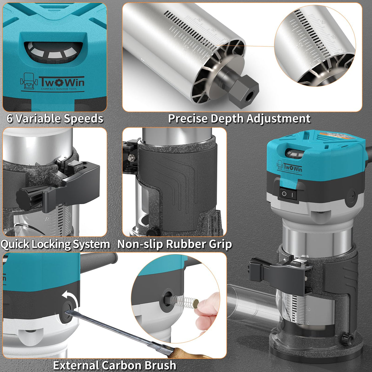 TWOWIN Router Tool, 6.5 Amp 1.25 HP Hand held Wood Router Tool, Compact Palm Trim Router for Woodworking, 6 Variable Speeds Fixed Base Laminate TwoWin