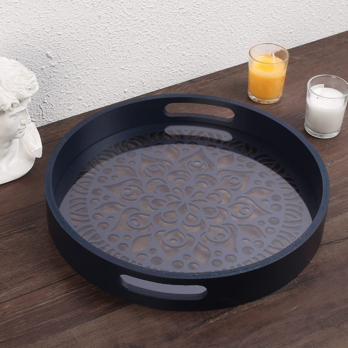 LINKOVE 12" Decorative Tray, Round Wood Tray for Home Decor, Small Wooden Serving Tray with Handles for Coffee Table Decor Centerpiece Ottoman LINKOVE