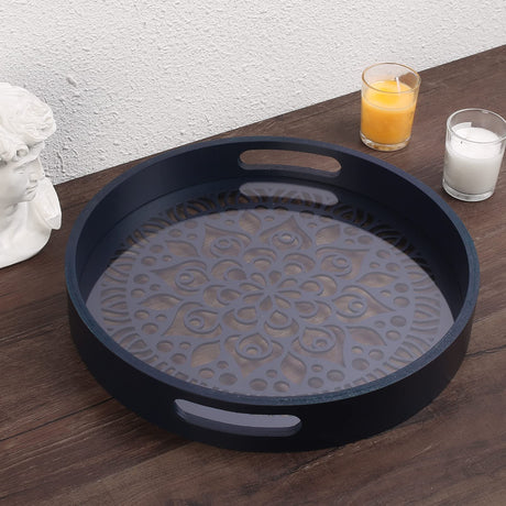 LINKOVE 12" Decorative Tray, Round Wood Tray for Home Decor, Small Wooden Serving Tray with Handles for Coffee Table Decor Centerpiece Ottoman LINKOVE
