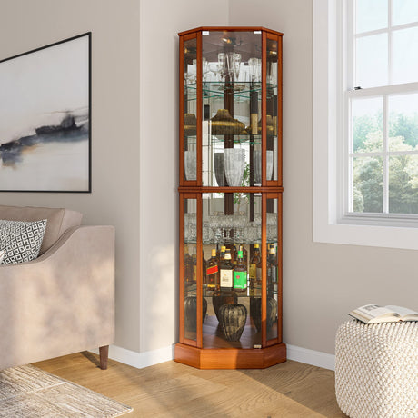 BELLEZE Lighted Curio Cabinet Corner Display Case for Living Room, China Hutch with Tempered Glass Doors and Shelves, Wooden Accent Cabinet, Bar and BELLEZE