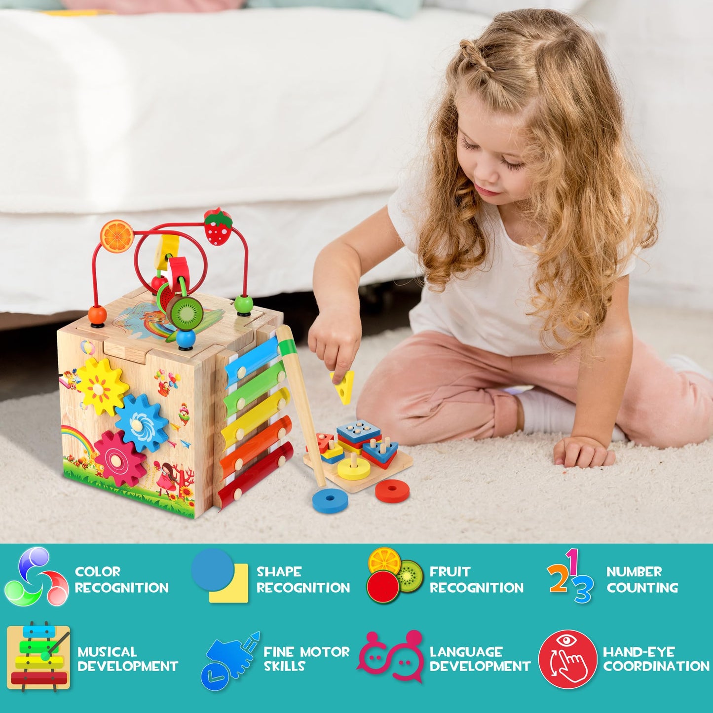 HELLOWOOD Wooden Activity Cube, 8-in-1 Montessori Toys for 1+ Year Old Boys & Girls, Educational Learning Toys for Toddlers Age 1-2, First Birthday