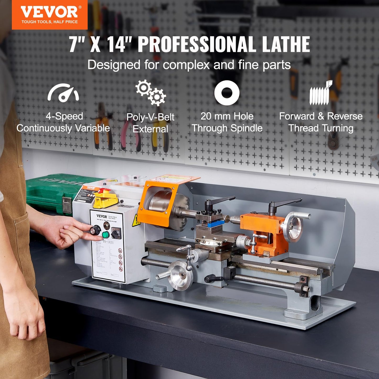 VEVOR Metal Lathe Machine, 7'' x 13.78'', Precision Benchtop Power Metal Lathe, 0-2200 RPM Continuously Variable Speed, 500W Brush Motor Metal Gears, - WoodArtSupply