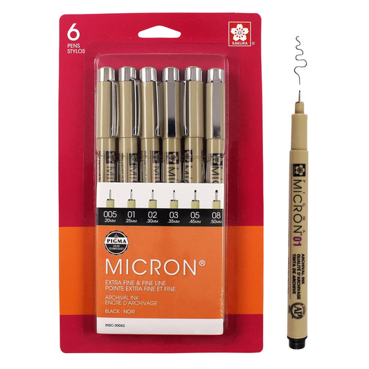 SAKURA Pigma Micron Fineliner Pens - Archival Black Ink Pens - Pens for Writing, Drawing, or Journaling - Assorted Point Sizes - 6 Pack - WoodArtSupply