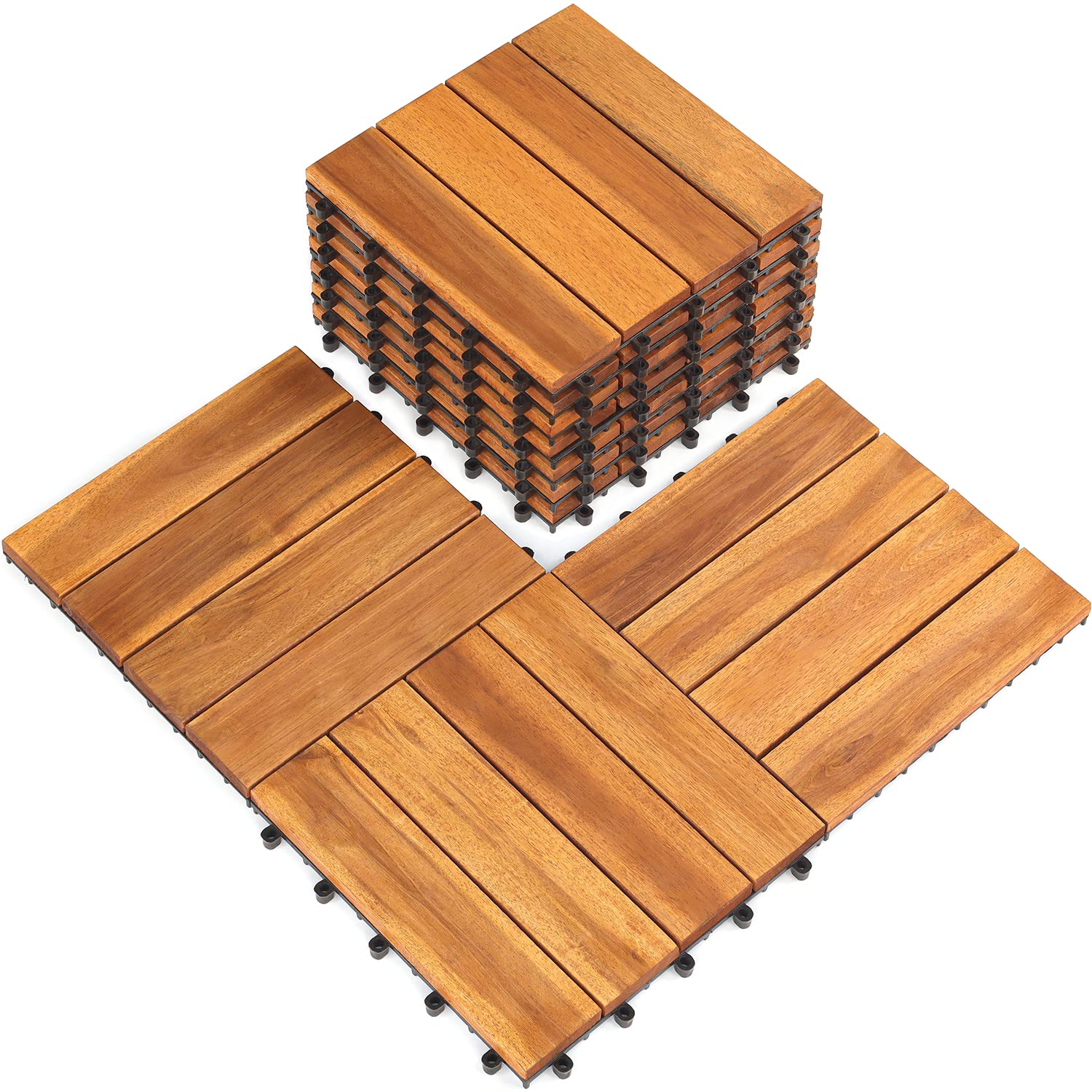 Interlocking Deck Tile (Pack of 10, 12"x12") Acacia Hardwood Deck Tile, Interlocking Patio Tile in Solid Acacia Wooden Oiled Finish Waterproof All LOAQUA