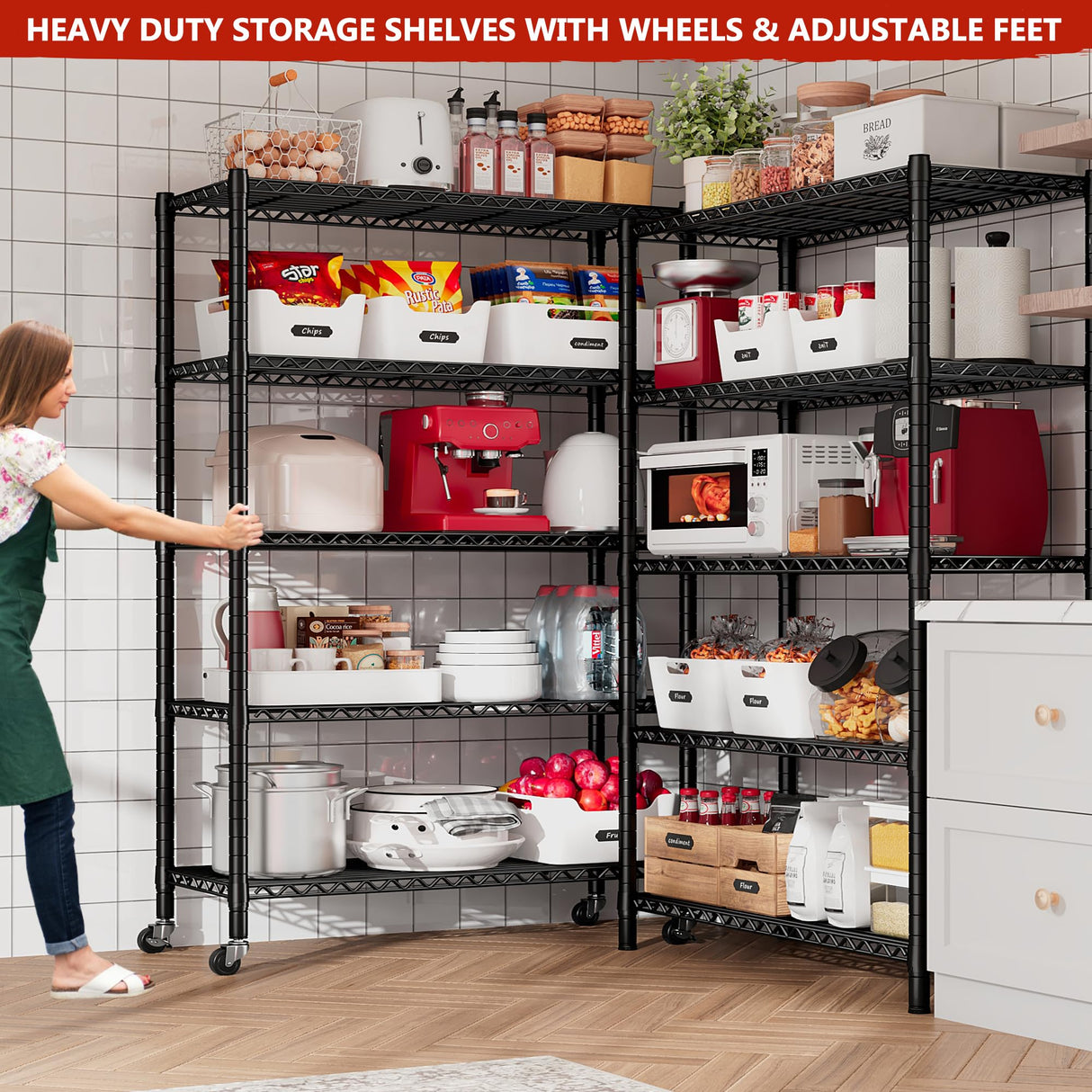 REIBII 76''H Wire Shelving Loads 2100LBS,5 Tier Metal Shelving with Adjustable Storage Shelves 36''W Garage Shelving Heavy Duty with Wheels Metal REIBII
