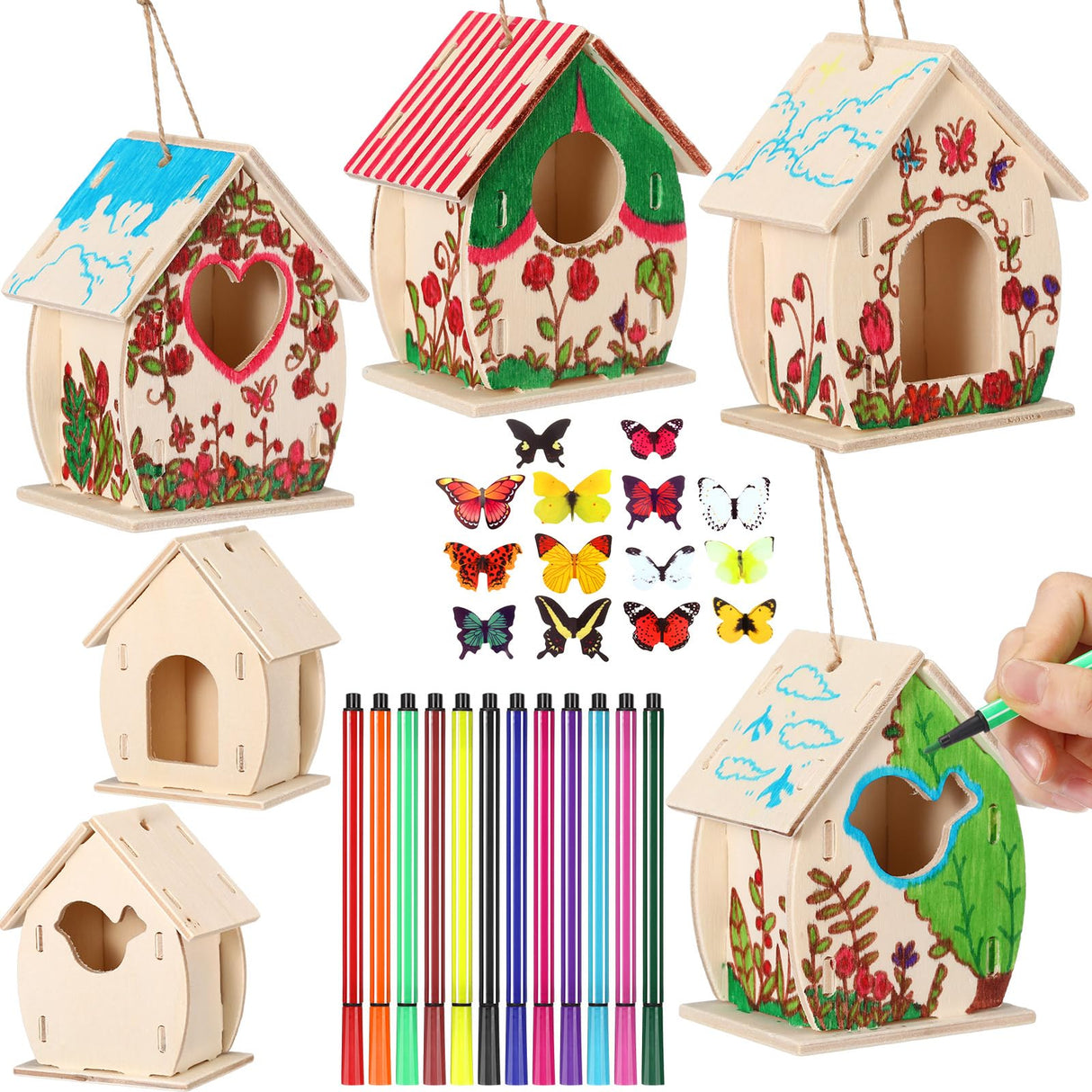 Outus 12 Pcs Wooden Birdhouse Craft Kits to Build, 4 Shapes Wooden Unfinished Bird House with Watercolor Pen and Butterfly Sticker for Boy and Girl Outus
