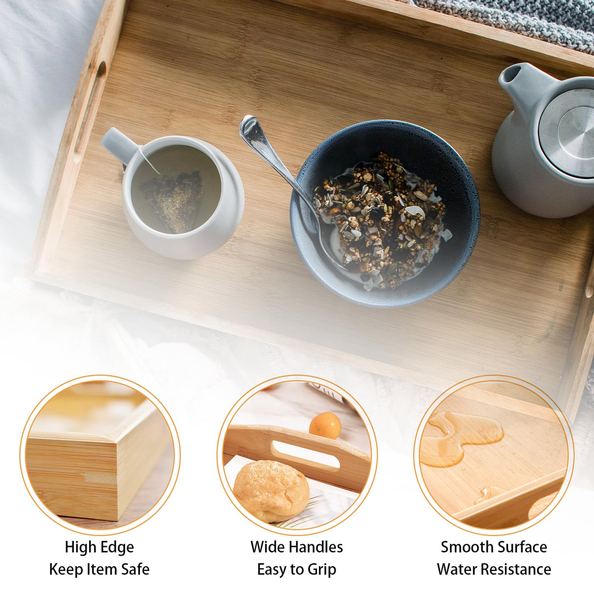 Krimax Serving Tray with Handles, Bamboo Breakfast Tray Wooden Trays Decorative Serving Platter for Eating, Working, Storing, Used in Bedroom, Krismax