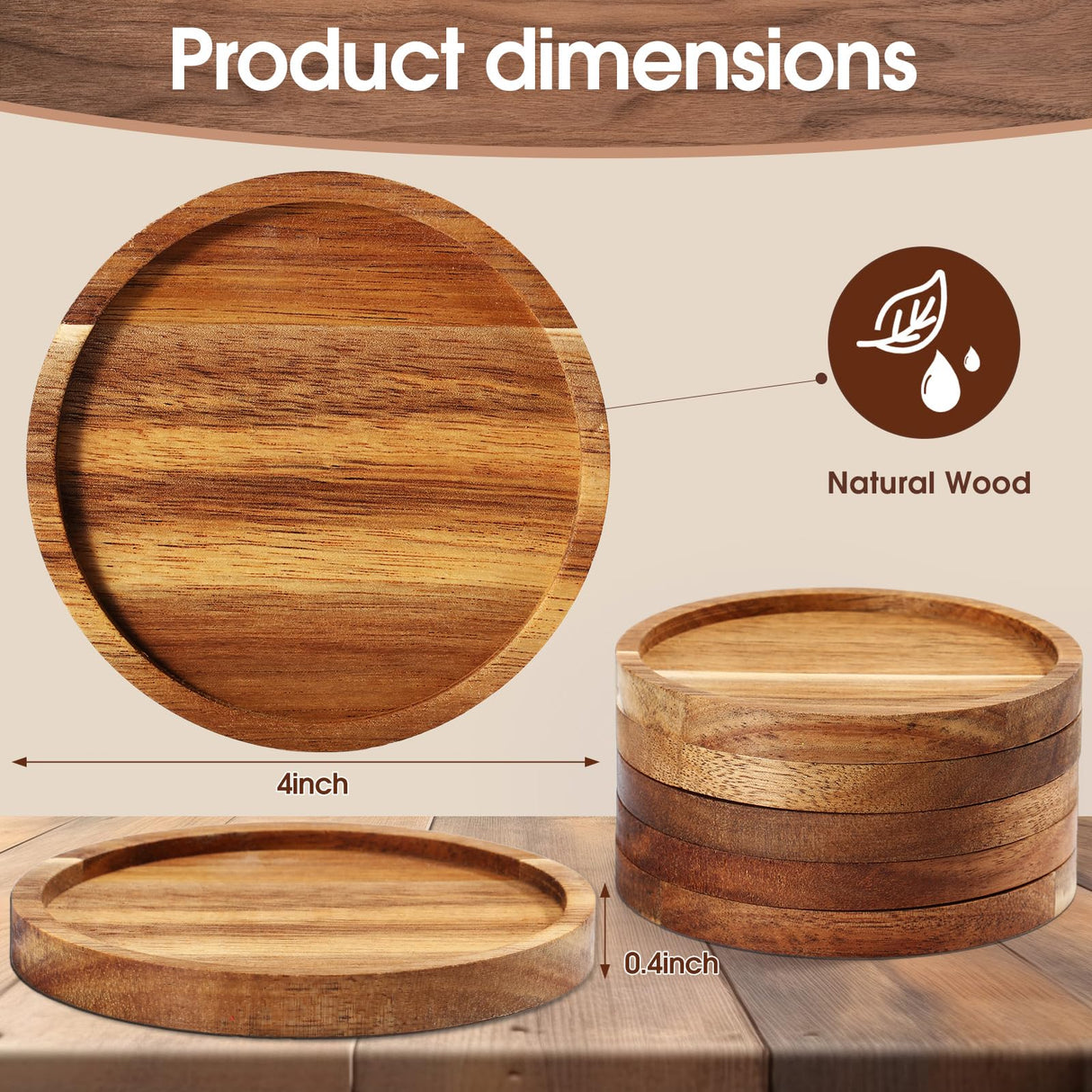 Zhehao 16 Pcs Acacia Round Wood Coasters 4 Inch Wooden Drink Coasters Bulk Stackable Reusable Coasters for Coffee Table Protection Housewarming Gifts Zhehao